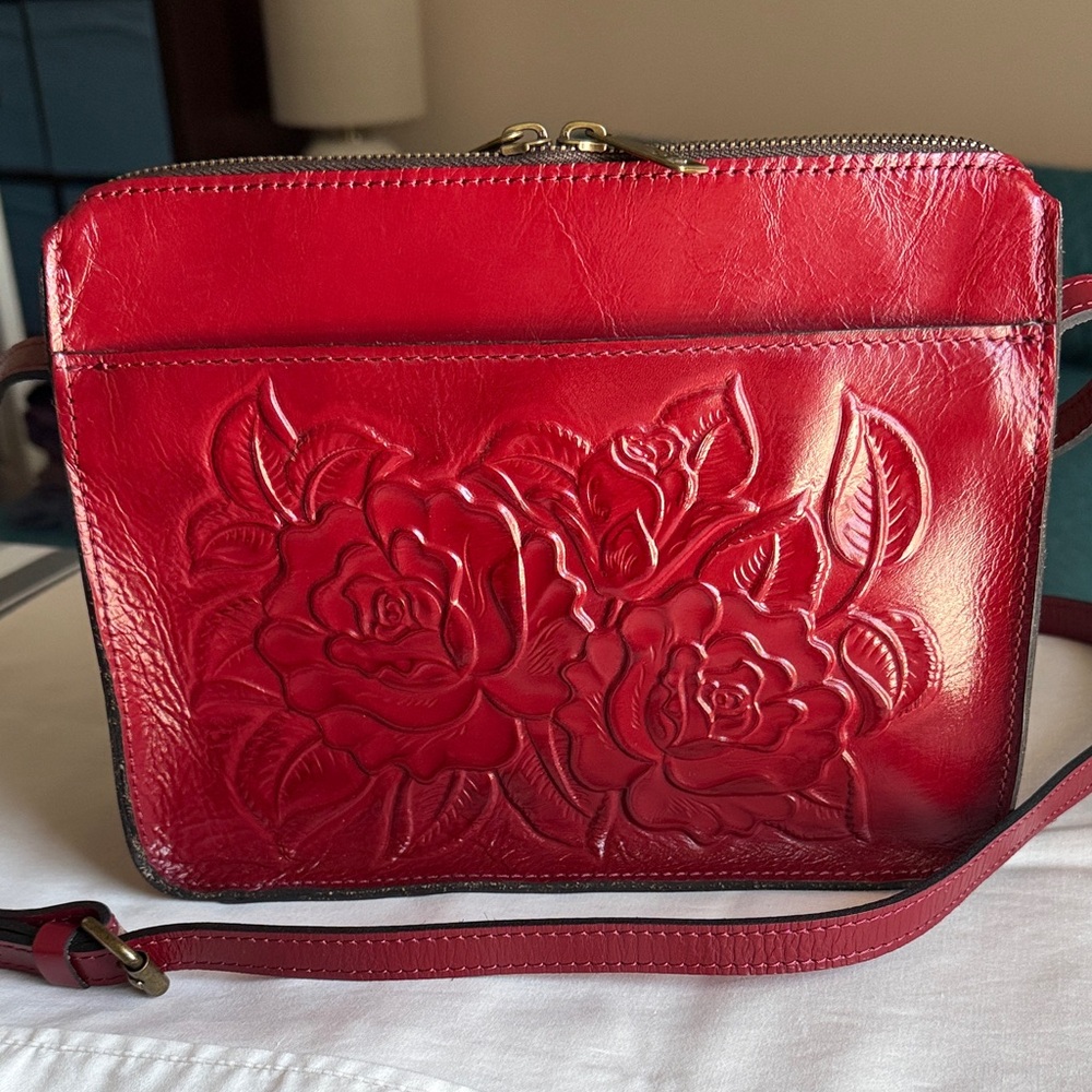 Patricia Nash Red Floral Embossed Crossbody Bag